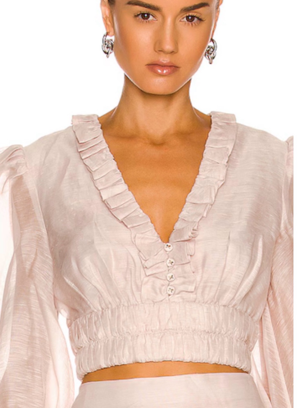 Zimmermann Pale Blush Ruffled V-Neck Puff Sleeve Crop Top - Small - Picture 4 of 8